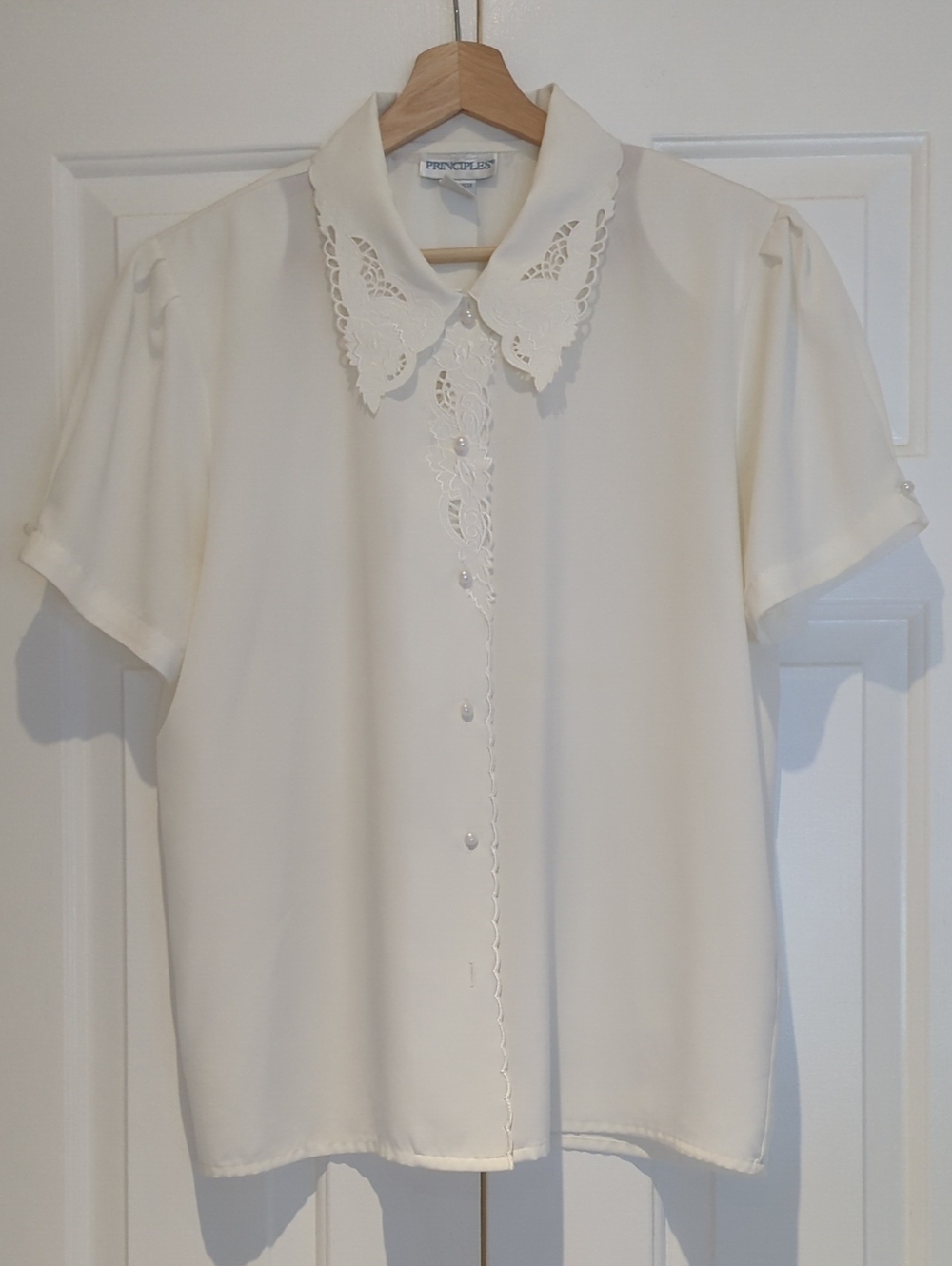 Vintage Principles Ivory White Lace Collar Blouse Shirt Cottagecore Coastal L/XL